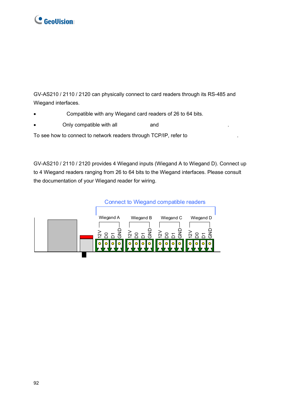 2 installation, 1 connecting card readers, A wiegand readers | GeoVision GV-AS2120 IP Control Panel User Manual | Page 94 / 230