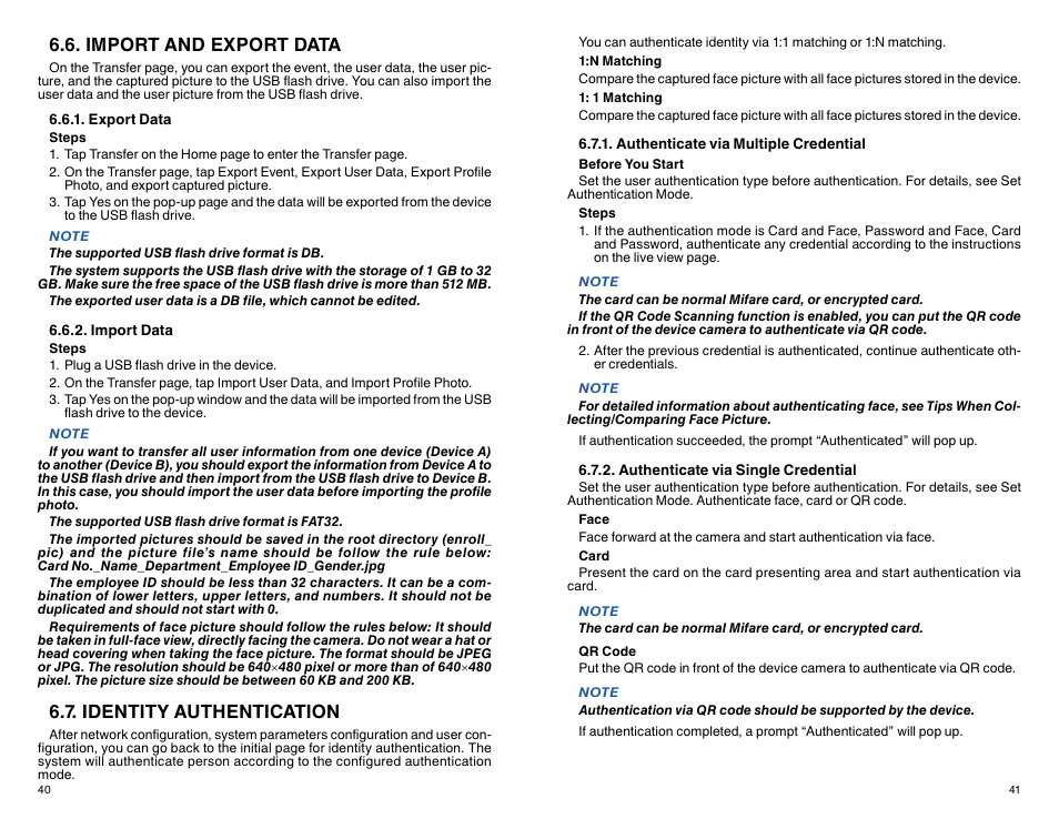 Import and export data, Identity authentication | ATN TITEW1000 Thermal Entry Wizard Access Control Station with Table Stand Mount User Manual | Page 21 / 56