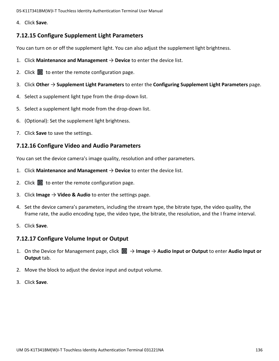 15 configure supplement light parameters, 16 configure video and audio parameters, 17 configure volume input or output | Hikvision DS-K1T341BMWI-T Touchless Identity Authentication Terminal User Manual | Page 136 / 141