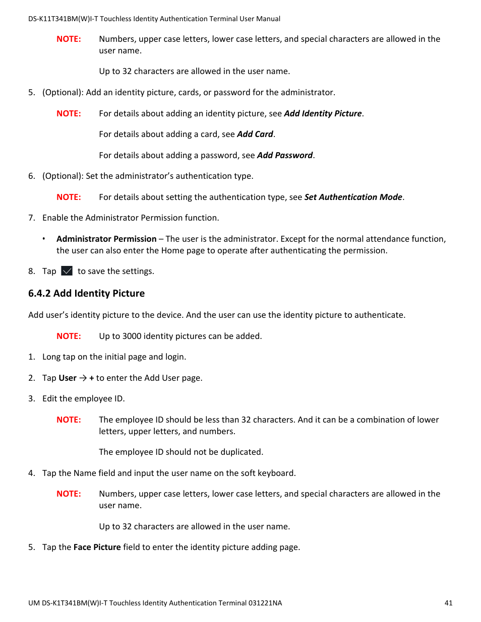 2 add identity picture | Hikvision DS-K1T341BMWI-T Touchless Identity Authentication Terminal User Manual | Page 41 / 141