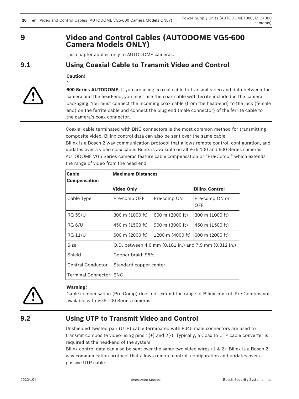 2 using utp to transmit video and control, Using coaxial cable to transmit video and control, Using utp to transmit video and control | Video | Bosch VG4-A-PSU1 Power Supply Unit for CCTV Cameras User Manual | Page 20 / 36