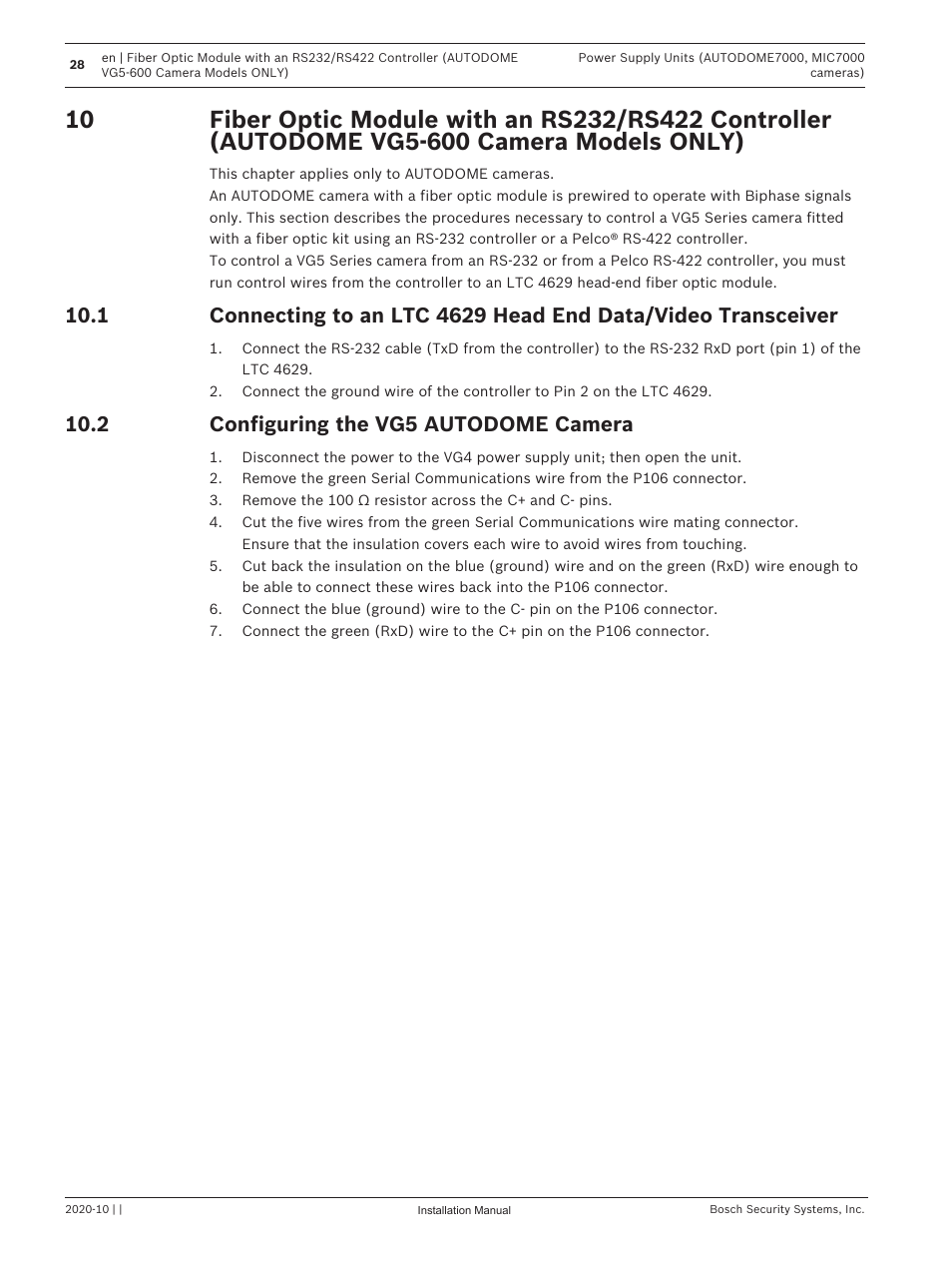 2 configuring the vg5 autodome camera, Configuring the vg5 autodome camera | Bosch VG4-A-PSU1 Power Supply Unit for CCTV Cameras User Manual | Page 28 / 36