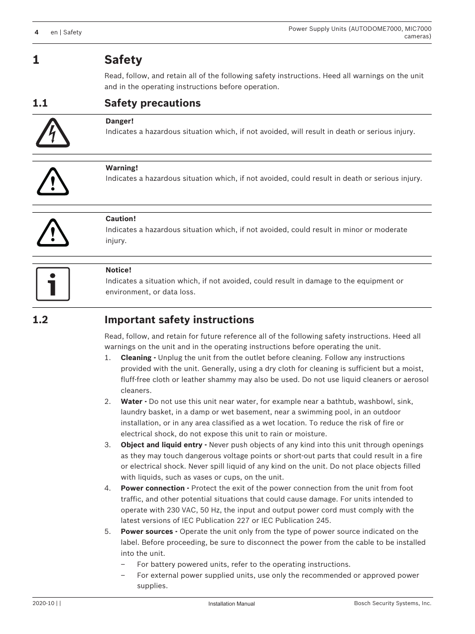 1 safety, 1 safety precautions, 2 important safety instructions | Safety, Safety precautions, Important safety instructions, 1safety | Bosch VG4-A-PSU1 Power Supply Unit for CCTV Cameras User Manual | Page 4 / 36