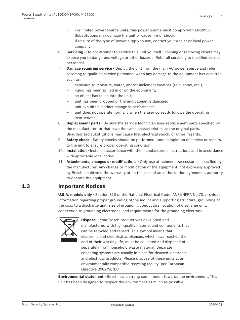 3 important notices, Important notices | Bosch VG4-A-PSU1 Power Supply Unit for CCTV Cameras User Manual | Page 5 / 36