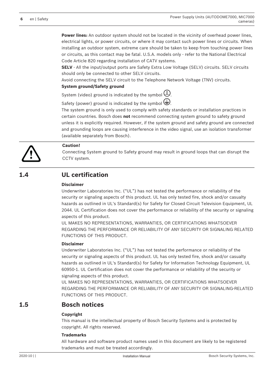 4 ul certification, 5 bosch notices, Ul certification | Bosch notices | Bosch VG4-A-PSU1 Power Supply Unit for CCTV Cameras User Manual | Page 6 / 36