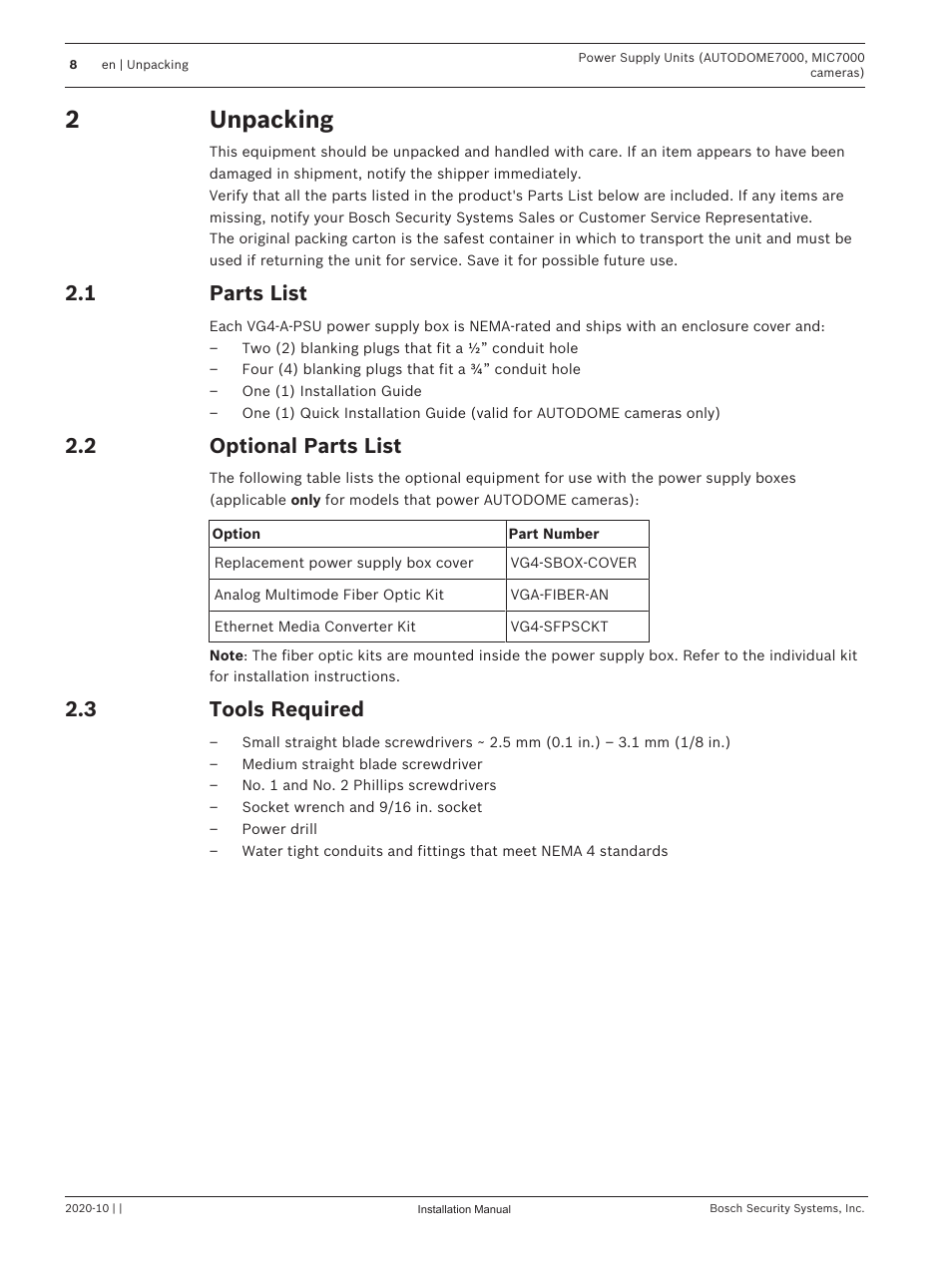 2 unpacking, 1 parts list, 2 optional parts list | 3 tools required, Unpacking, Parts list, Optional parts list, Tools required, 2unpacking | Bosch VG4-A-PSU1 Power Supply Unit for CCTV Cameras User Manual | Page 8 / 36