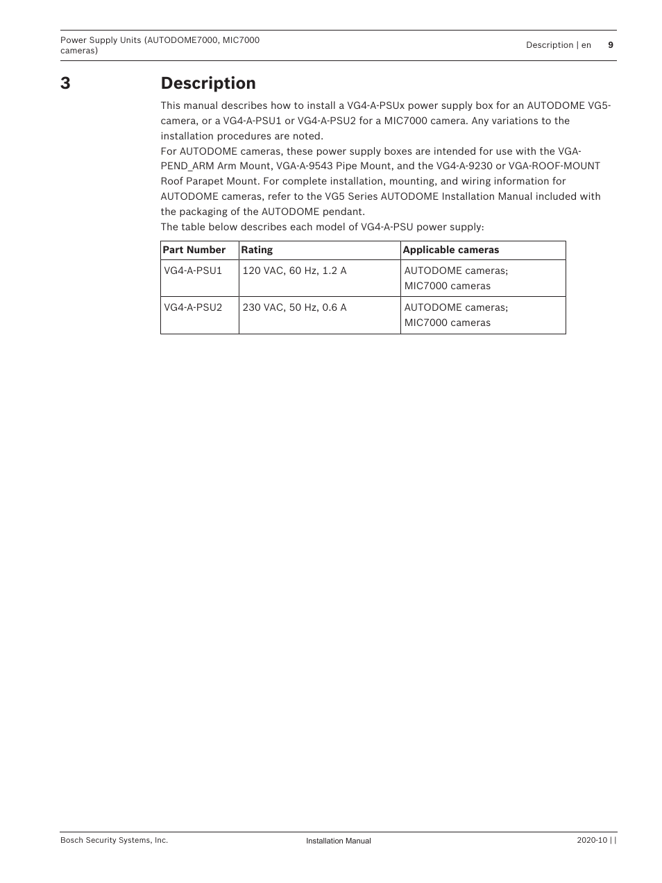 3 description, Description, 3description | Bosch VG4-A-PSU1 Power Supply Unit for CCTV Cameras User Manual | Page 9 / 36