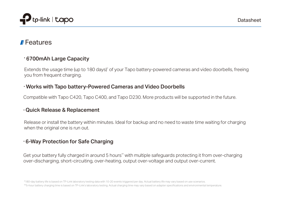Features | TP-Link Tapo A100 Battery Pack User Manual | Page 2 / 3