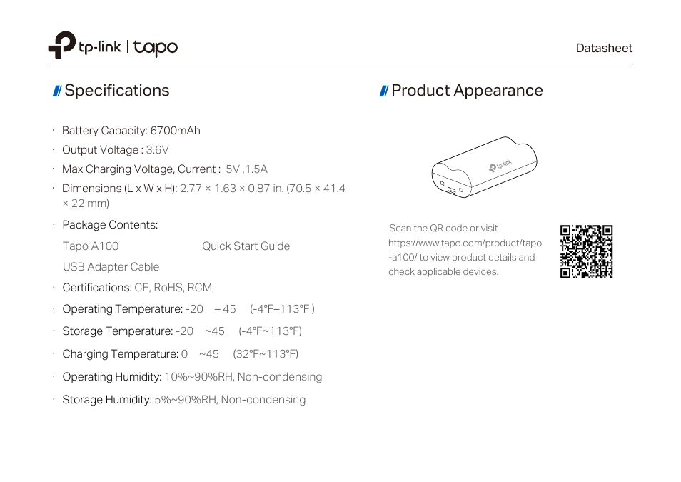 Specifications, Product appearance | TP-Link Tapo A100 Battery Pack User Manual | Page 3 / 3