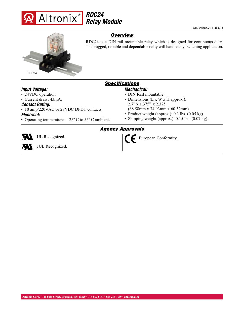 Altronix DIN Rail Mountable Relay and Base Module (24 VDC) User Manual | 1 page
