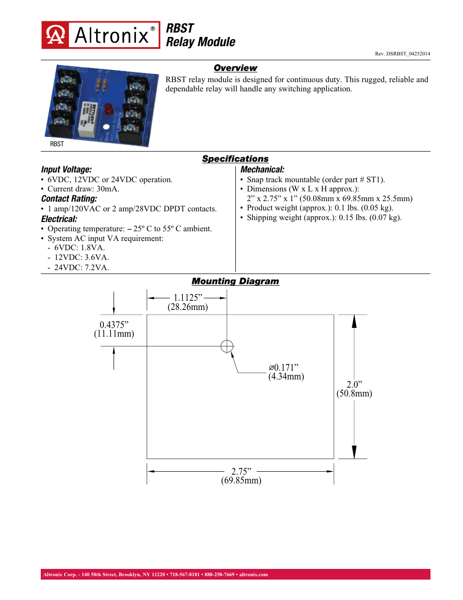 Altronix 6/12/24VDC Relay Module User Manual | 1 page