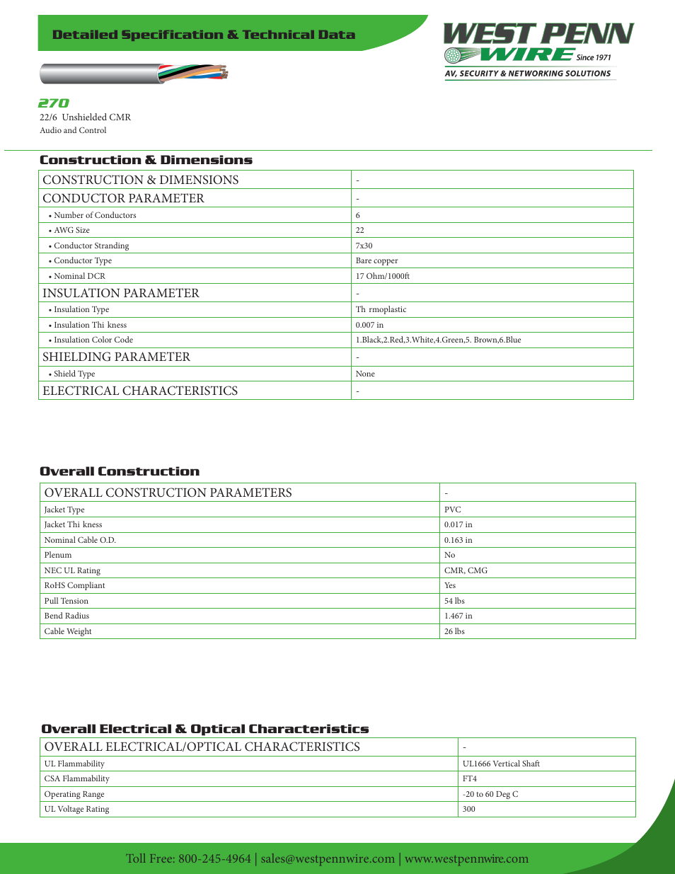 West Penn 270 22 AWG 6-Conductor Unshielded Cable (500', Gray) User Manual | 2 pages