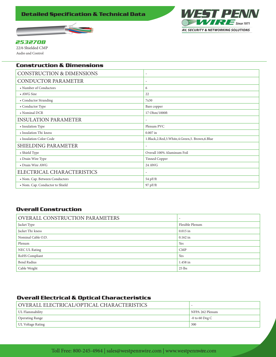West Penn Plenum-Rated 253270B 22 AWG 6-Conductor Shielded Cable (1000', Gray) User Manual | 2 pages