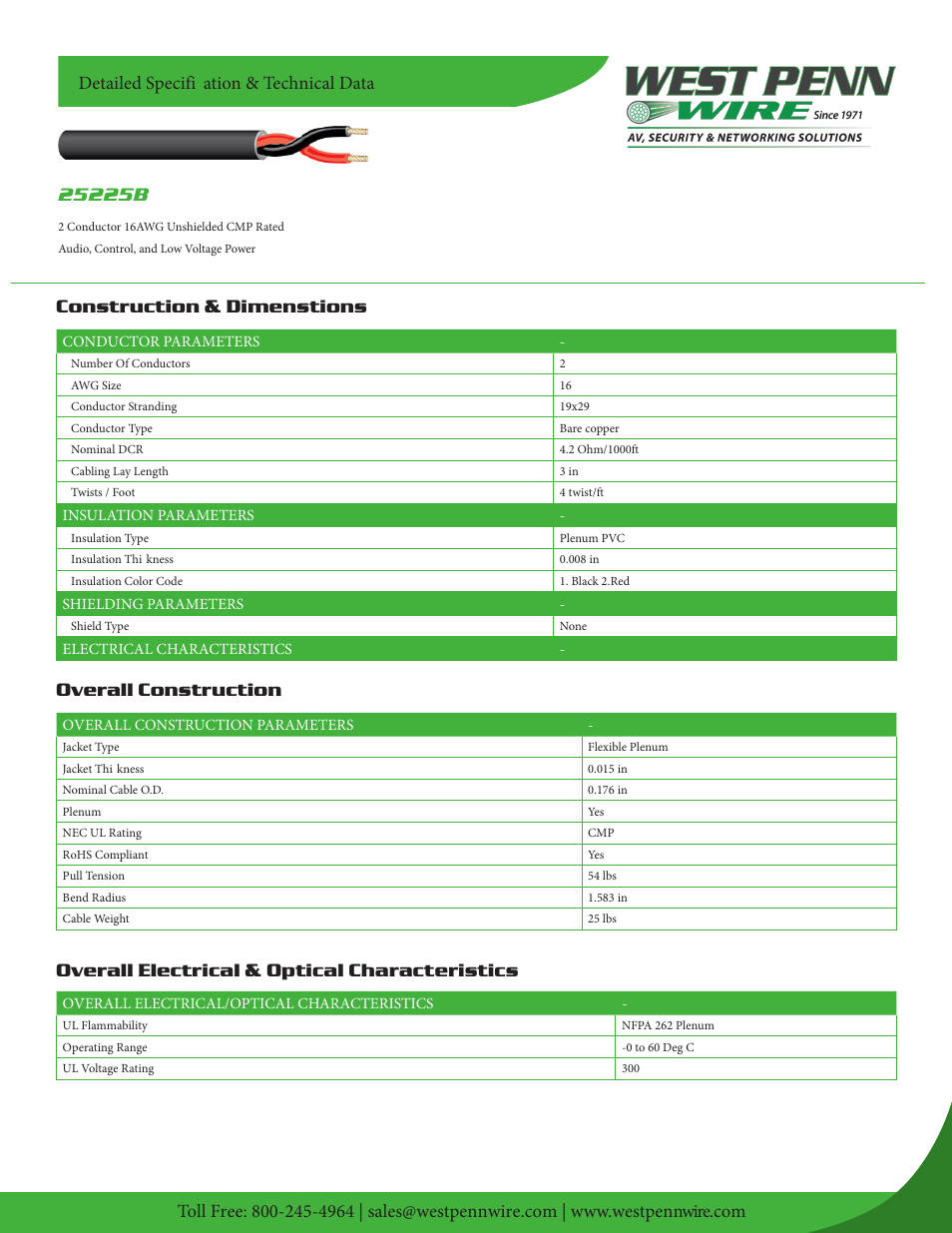 West Penn Plenum-Rated 25225B 16 AWG 2-Conductor Unshielded Cable (1000', Gray) User Manual | 2 pages