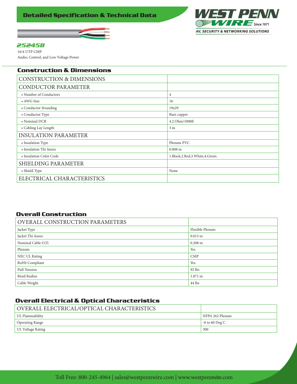 West Penn Plenum-Rated 25245B 16 AWG 4-Conductor Unshielded Cable (1000', Gray) User Manual | 2 pages