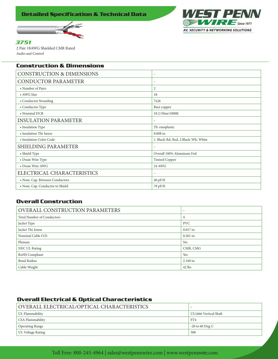 West Penn 3751 18 AWG 2-Conductor Shielded Cable (1000', Gray) User Manual | 2 pages