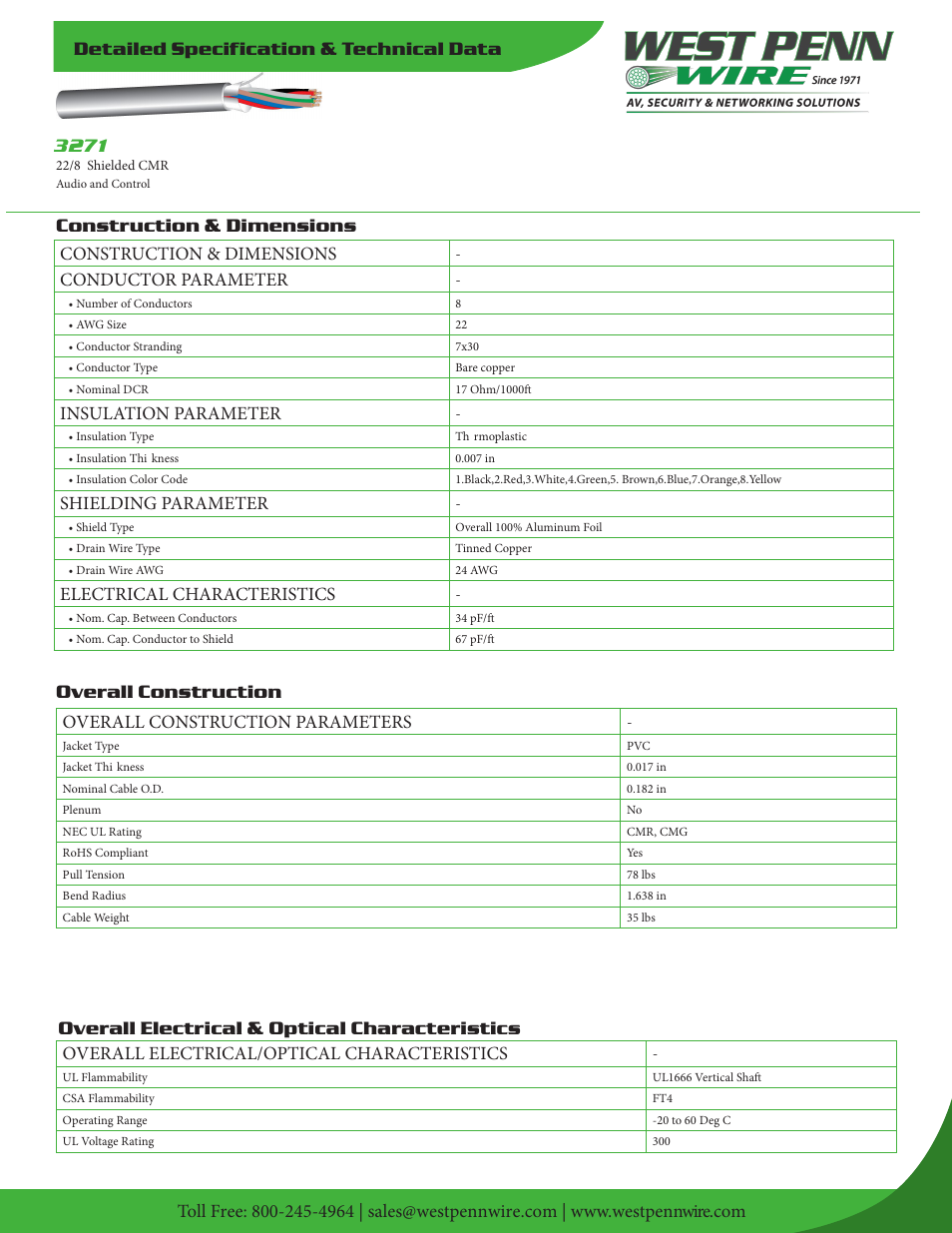 West Penn 3271 22 AWG 8-Conductor Shielded Cable (500', Gray) User Manual | 2 pages