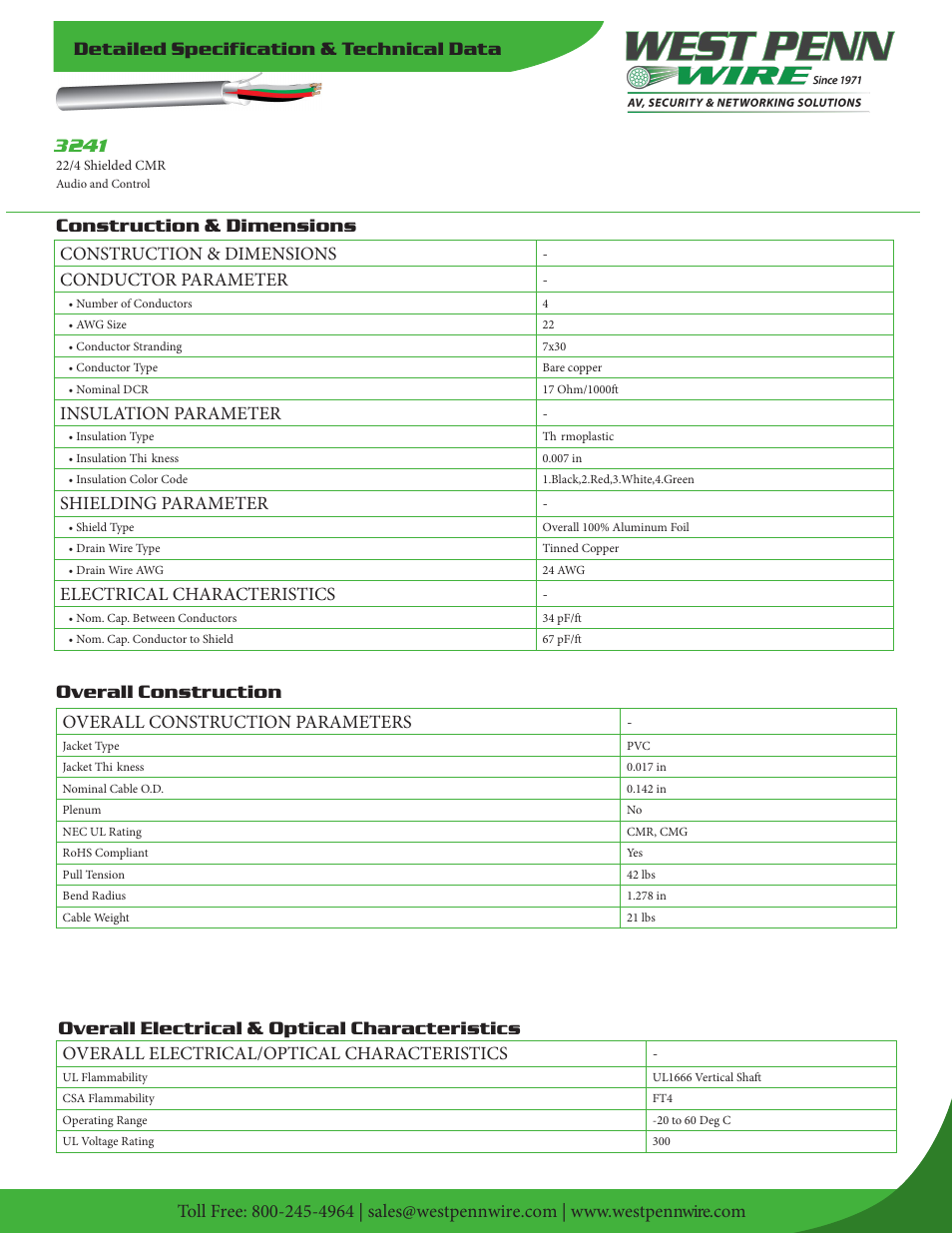 West Penn 3241 22 AWG 4-Conductor Shielded Cable (500', Gray) User Manual | 2 pages