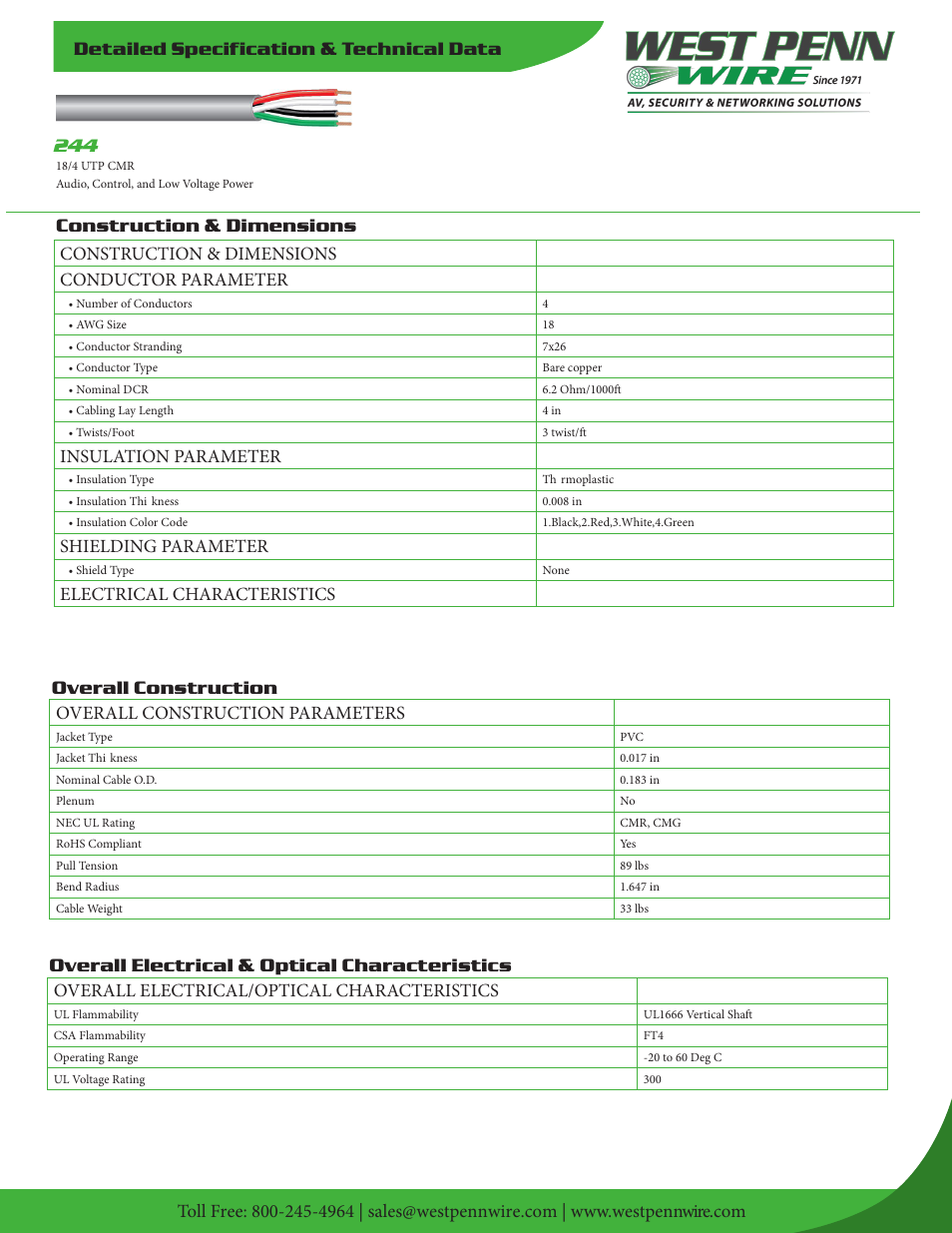 West Penn 244 18 AWG 4-Conductor Unshielded Cable (500', Gray) User Manual | 2 pages