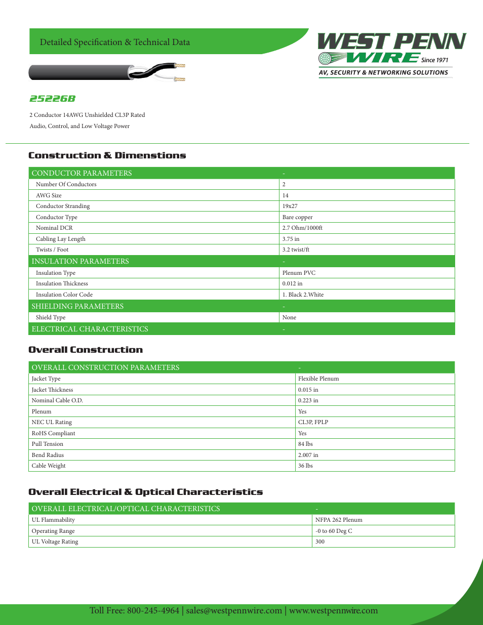 West Penn Plenum-Rated 25226B 14 AWG 2-Conductor Unshielded Cable (1000', Gray) User Manual | 2 pages