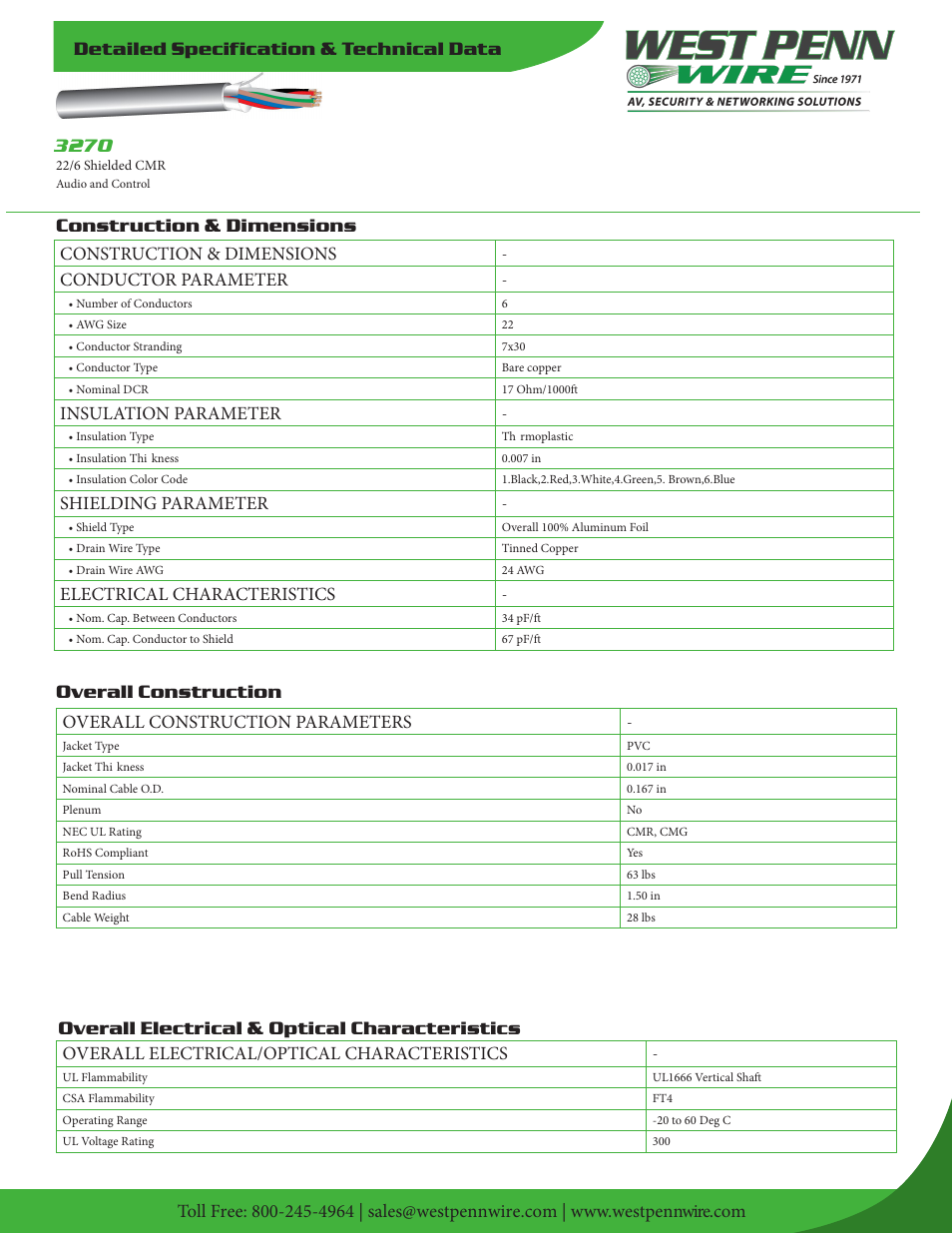 West Penn 3270 22 AWG 6-Conductor Shielded Cable (500', Gray) User Manual | 2 pages