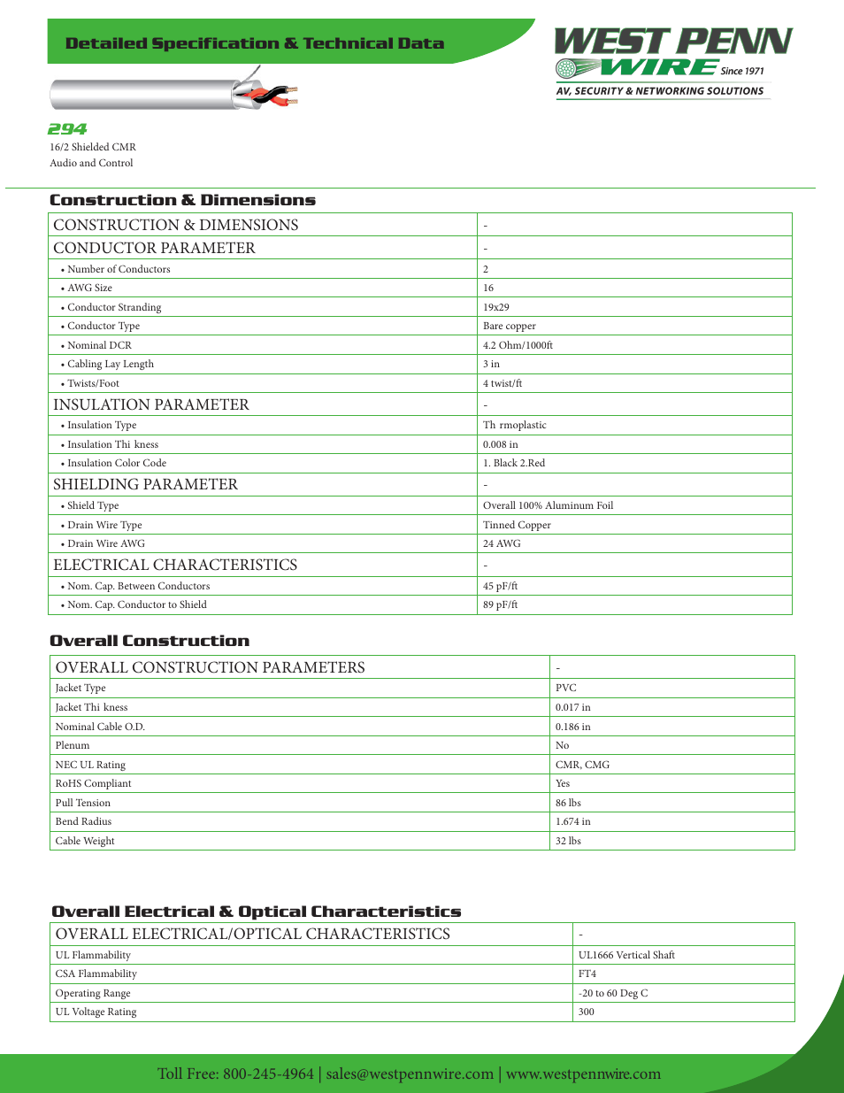 West Penn 294 16 AWG 2-Conductor Shielded Cable (1000', Gray) User Manual | 2 pages