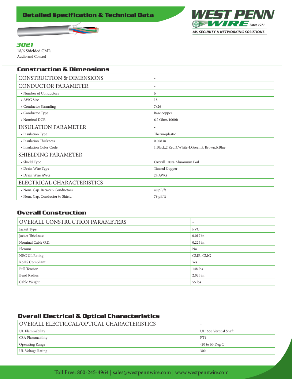 West Penn 3021 18 AWG 6-Conductor Shielded Cable (500', Gray) User Manual | 2 pages