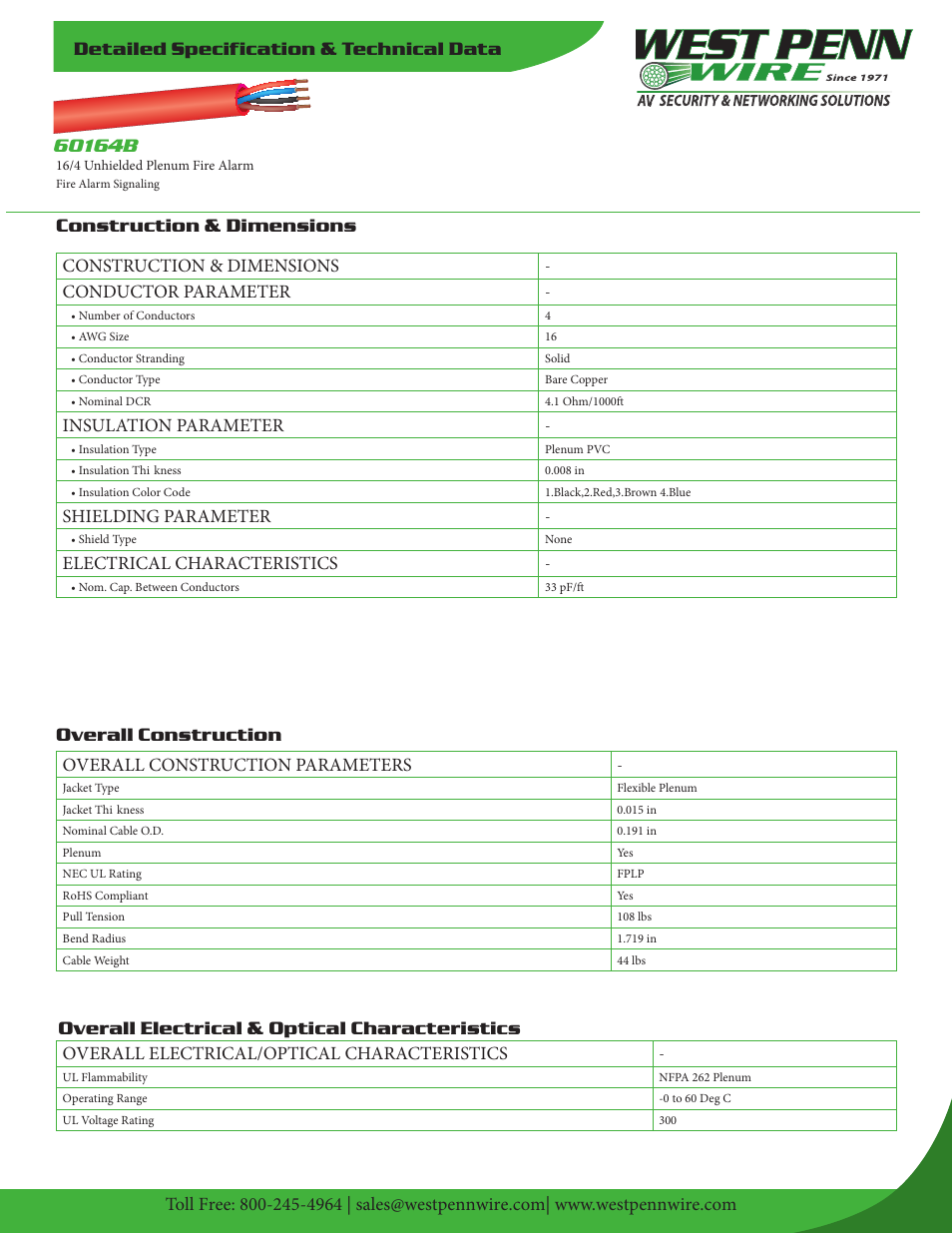 West Penn Plenum-Rated 60164B 16 AWG 4-Conductor Unshielded Fire Alarm Cable (1000', Red) User Manual | 2 pages