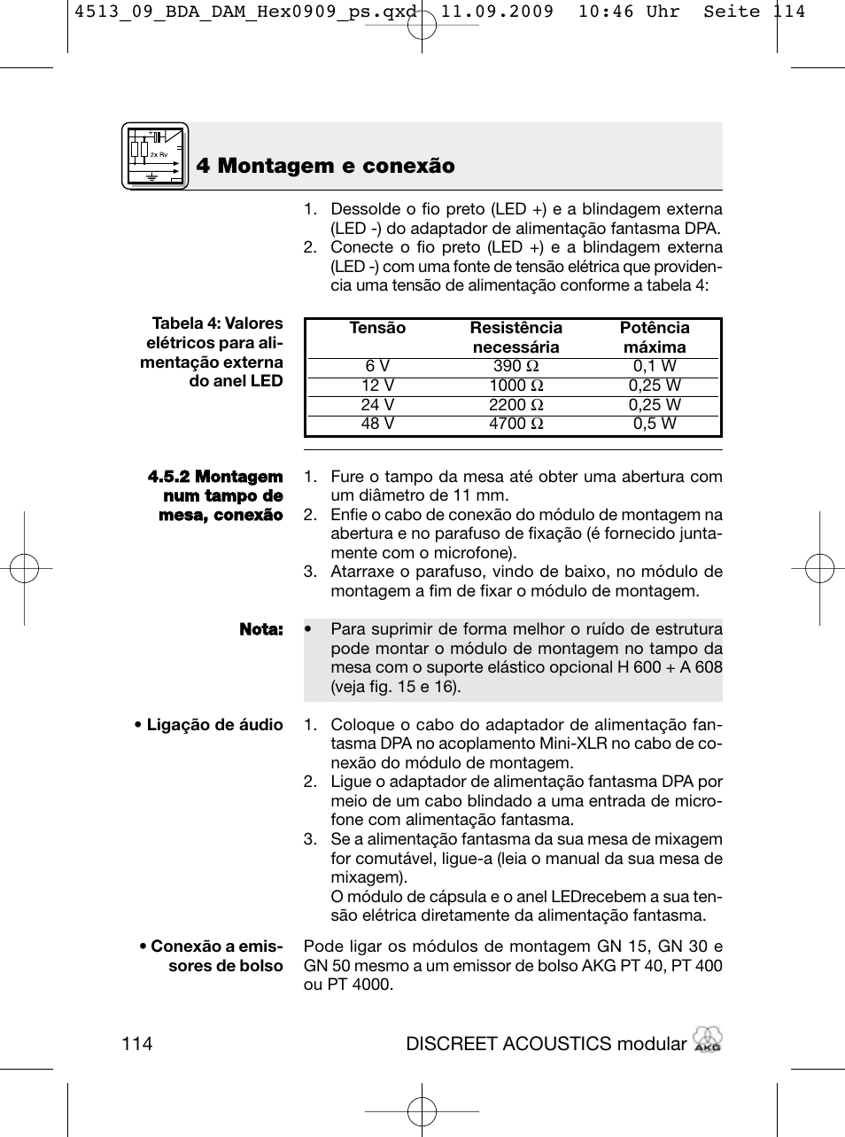 4 montagem e conexão | Akg HM 1000 Ceiling Hanging Module for CK Series Microphone Capsules User Manual | Page 114 / 132