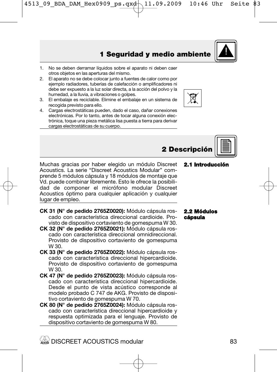 1 seguridad y medio ambiente, 2 descripción | Akg HM 1000 Ceiling Hanging Module for CK Series Microphone Capsules User Manual | Page 83 / 132