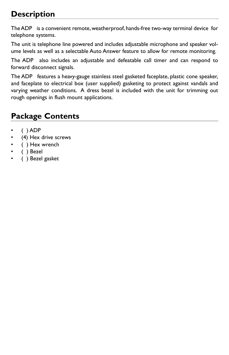 Package contents, Description | Bogen ADP1 Analog Door Phone - Two-way Terminal for Telephone Systems User Manual | Page 3 / 8