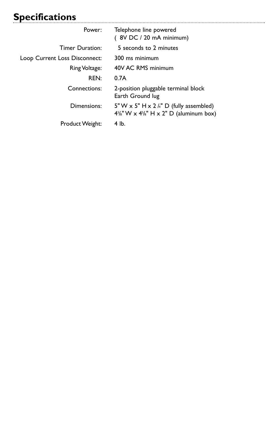 Specifications | Bogen ADP1 Analog Door Phone - Two-way Terminal for Telephone Systems User Manual | Page 7 / 8