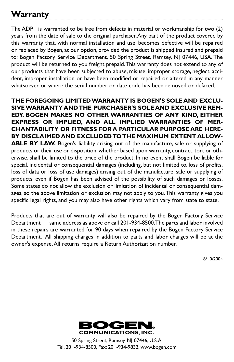 Warranty | Bogen ADP1 Analog Door Phone - Two-way Terminal for Telephone Systems User Manual | Page 8 / 8
