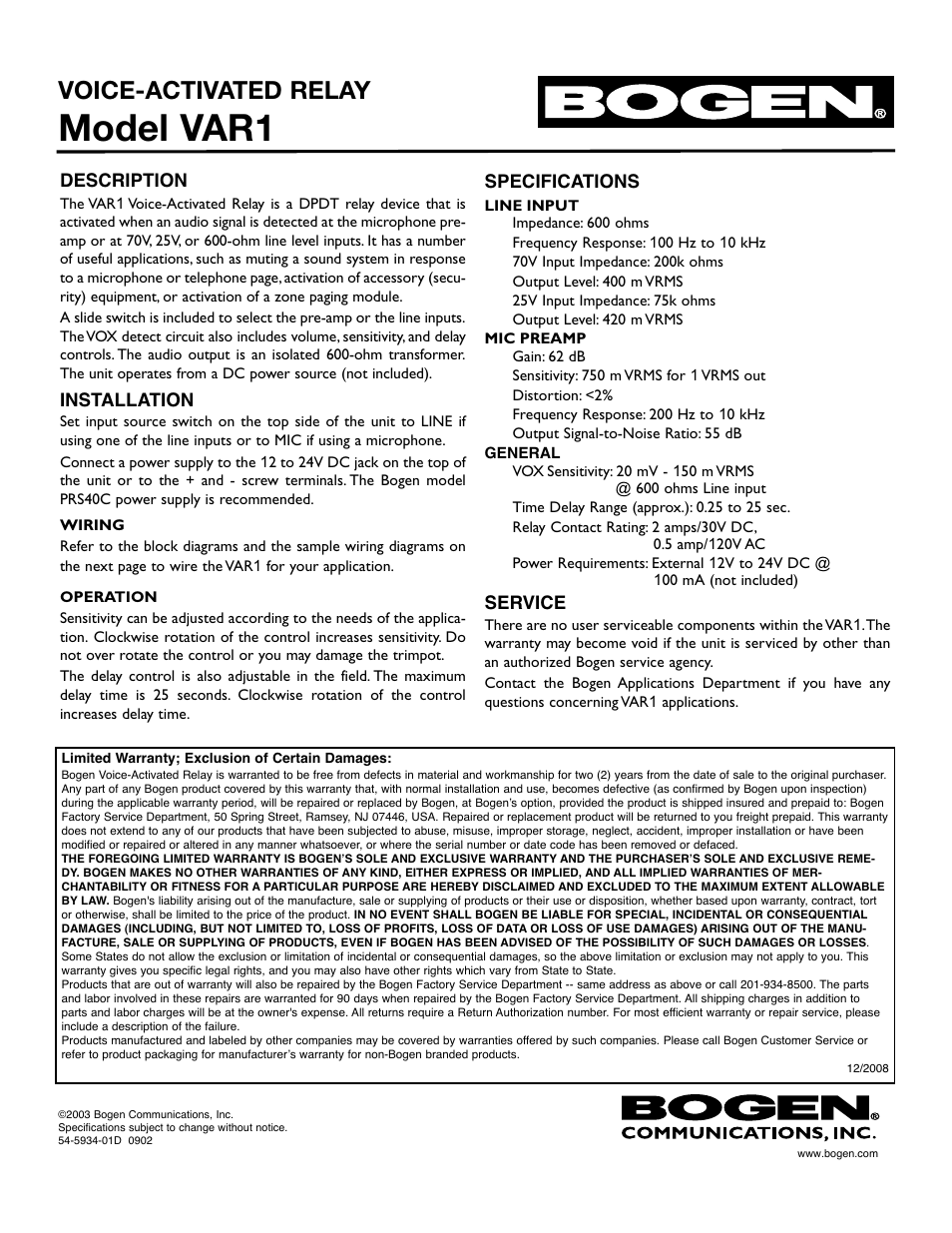 Bogen VAR1 Voice Activated Relay for 70V Paging Systems User Manual | 2 pages