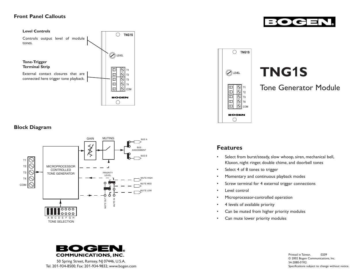 Bogen TNG1S Tone Generator Module User Manual | 3 pages