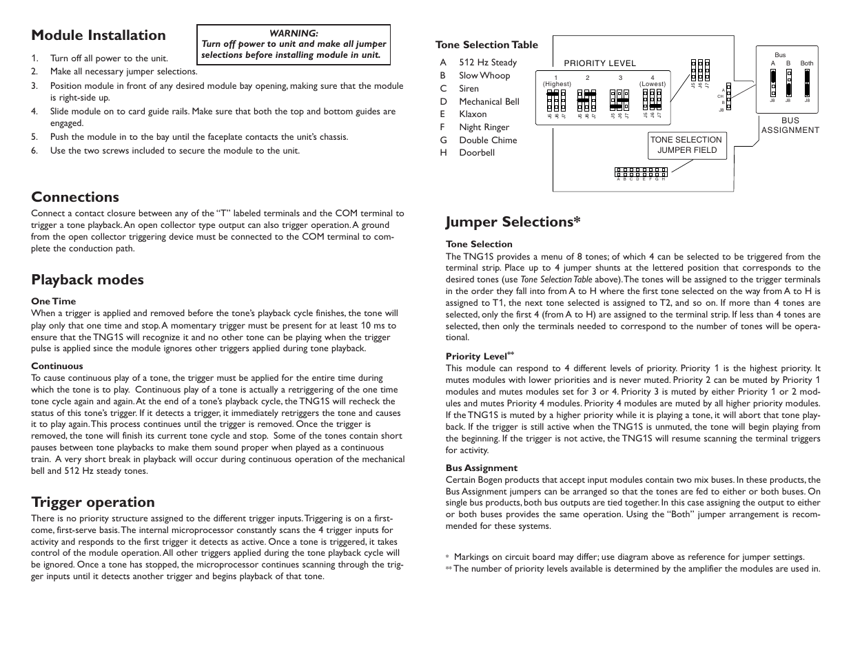 Jumper selections, Module installation, Connections | Playback modes, Trigger operation, Tone selection table | Bogen TNG1S Tone Generator Module User Manual | Page 2 / 3