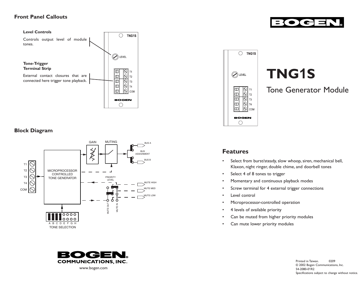 Tng 1 s, Tone generator module, Features | Block diagram, Front panel callouts | Bogen TNG1S Tone Generator Module User Manual | Page 3 / 3