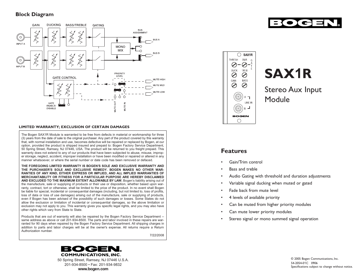 Bogen SAX1R Unbalanced Stereo Input Module User Manual | 2 pages