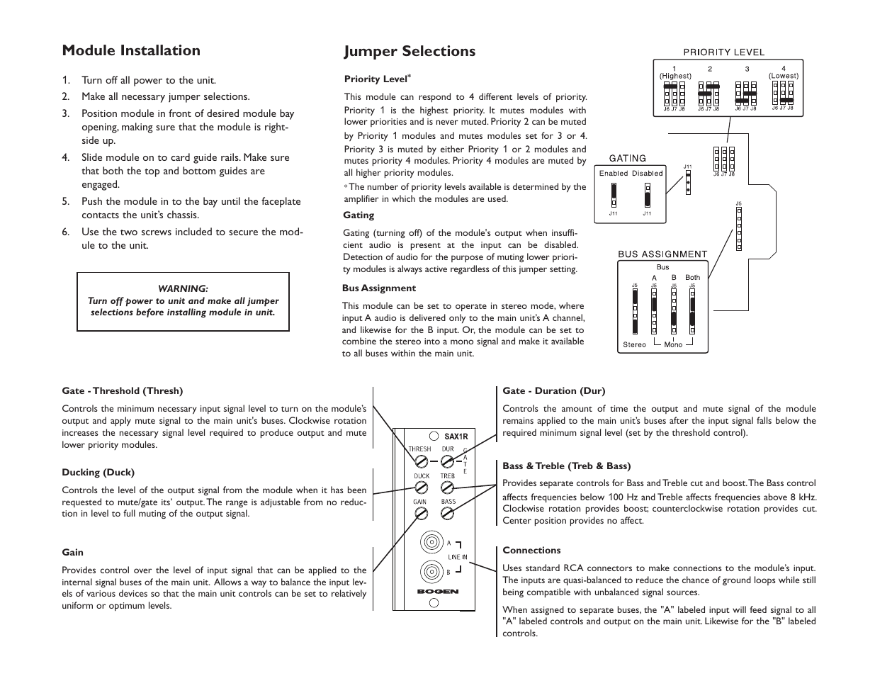 Jumper selections, Module installation | Bogen SAX1R Unbalanced Stereo Input Module User Manual | Page 2 / 2