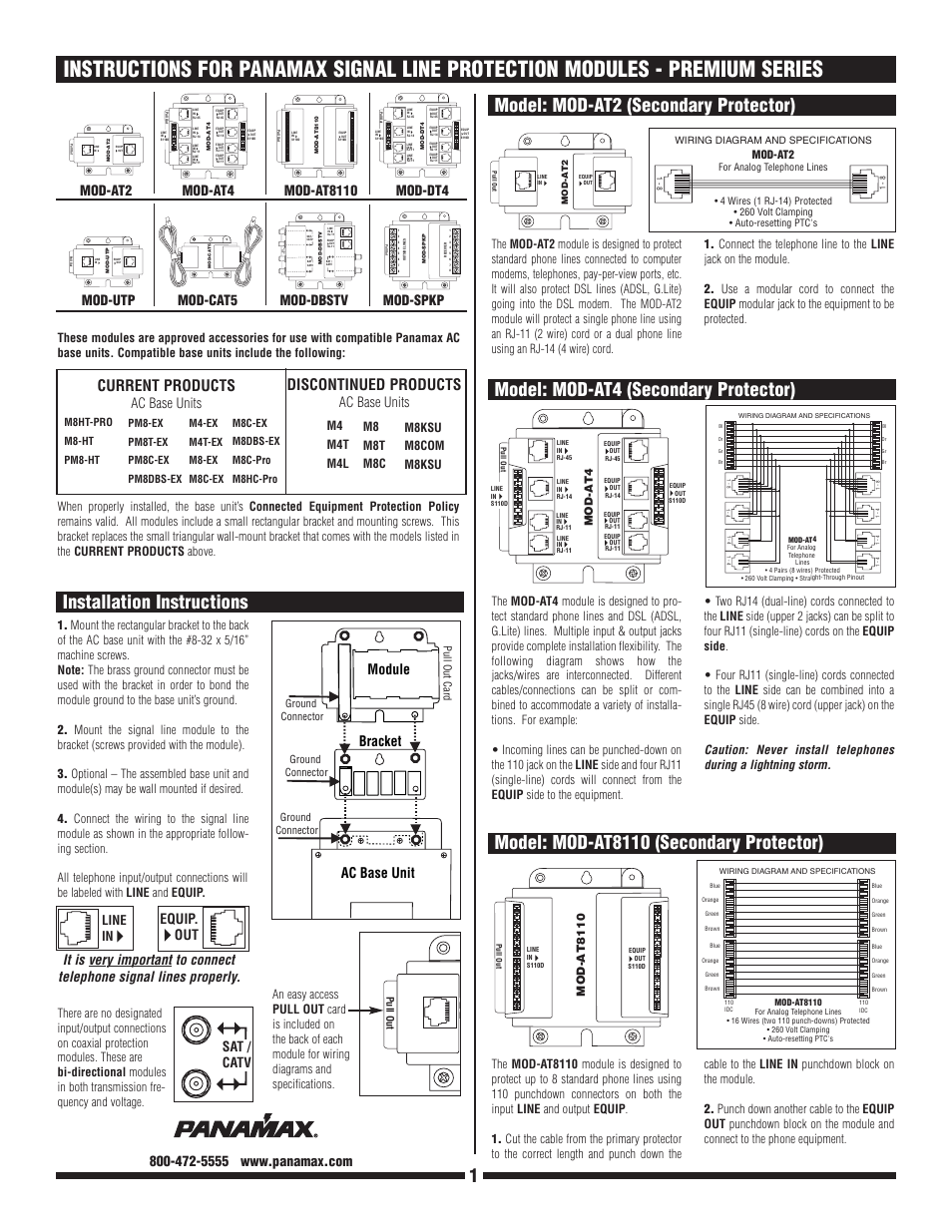 Panamax MOD-AT4 Analog Telephone-Line Protection Module (4-Lines) User Manual | 2 pages