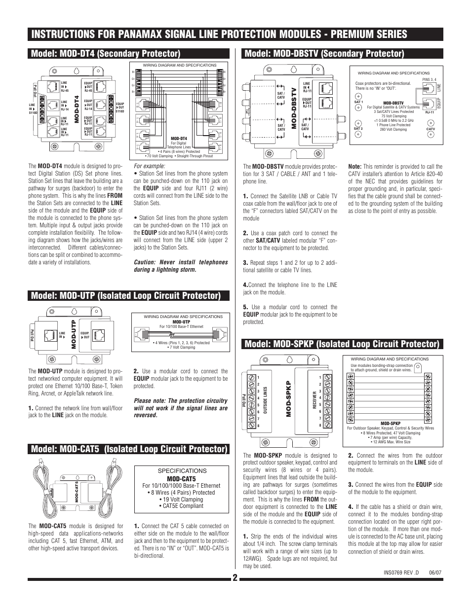 Mod-cat5 | Panamax MOD-AT4 Analog Telephone-Line Protection Module (4-Lines) User Manual | Page 2 / 2