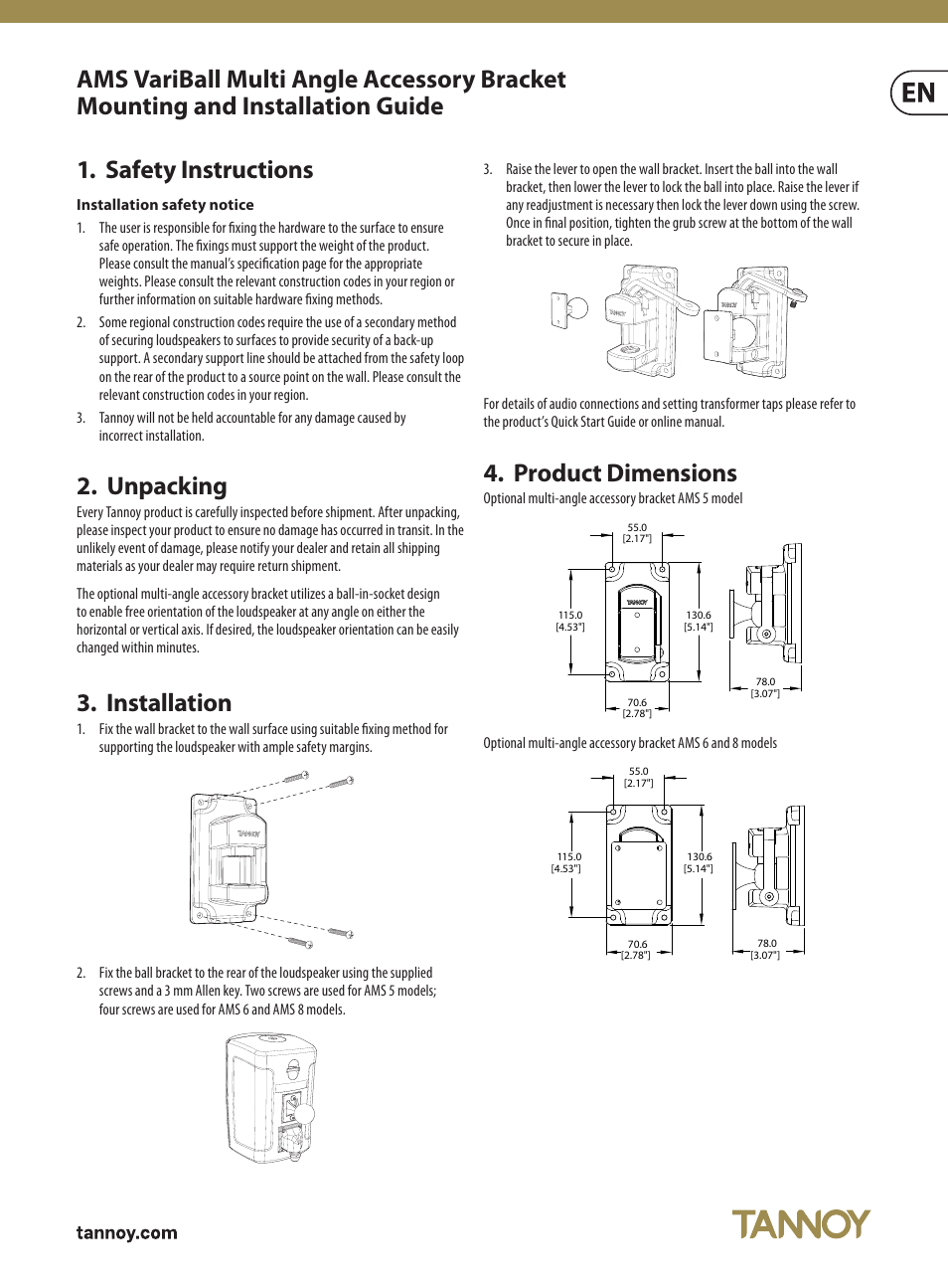 Tannoy Variball Multi-Angle Accessory Bracket for AMS 5(Pair) User Manual | 2 pages