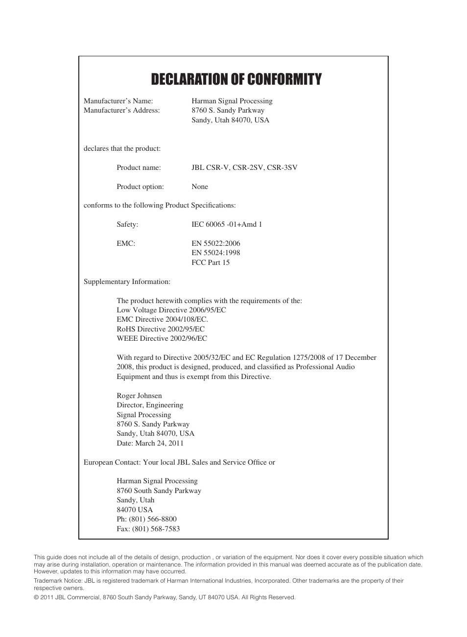 Declaration of conformity | JBL CSR-2SV Wall-Mounted Remote Control for CSM Mixers (White) User Manual | Page 2 / 8