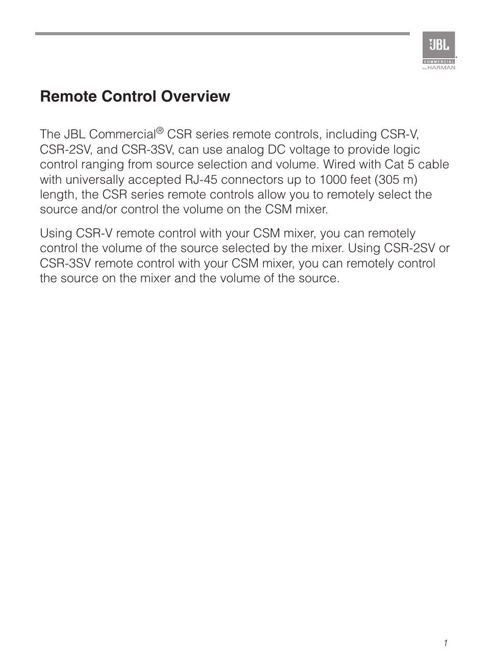 Remote control overview | JBL CSR-2SV Wall-Mounted Remote Control for CSM Mixers (White) User Manual | Page 3 / 8