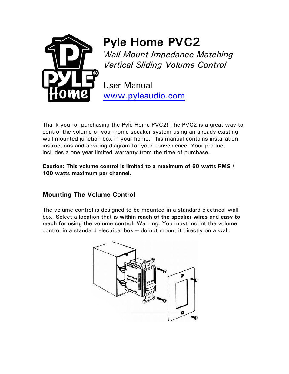 PYLE Audio PVC2 Wall Mount Slide Volume Control User Manual | 3 pages