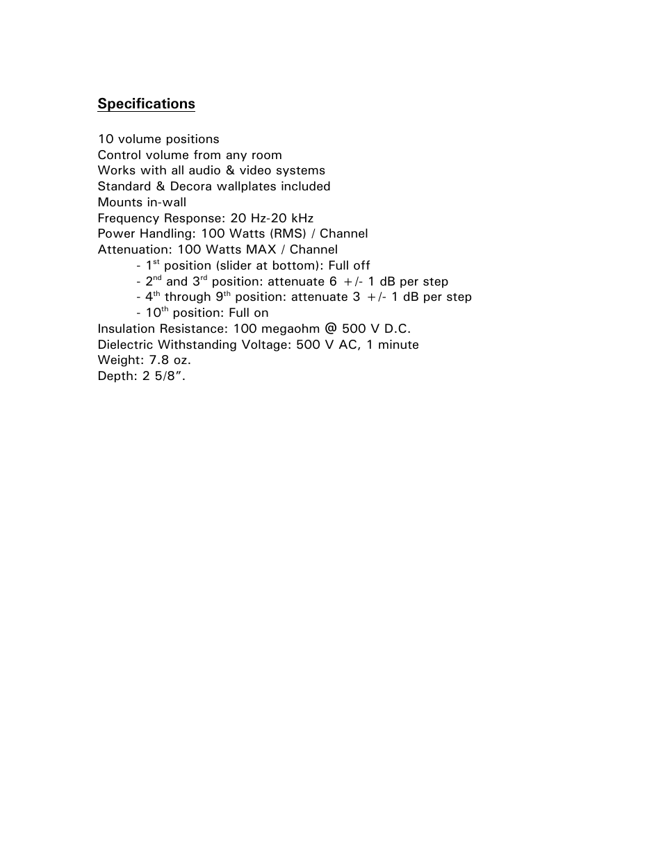 Specifications | PYLE Audio PVC1 Wall Mount Rotary Volume Control Knob User Manual | Page 3 / 3