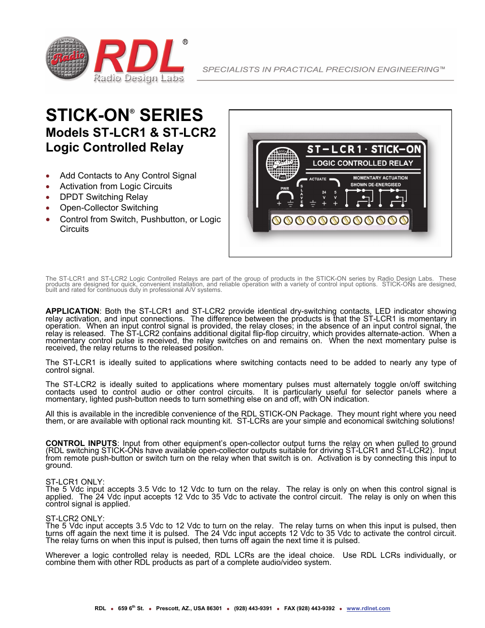 RDL ST-LCR1 Logic-Controlled Relay (Momentary) User Manual | 2 pages