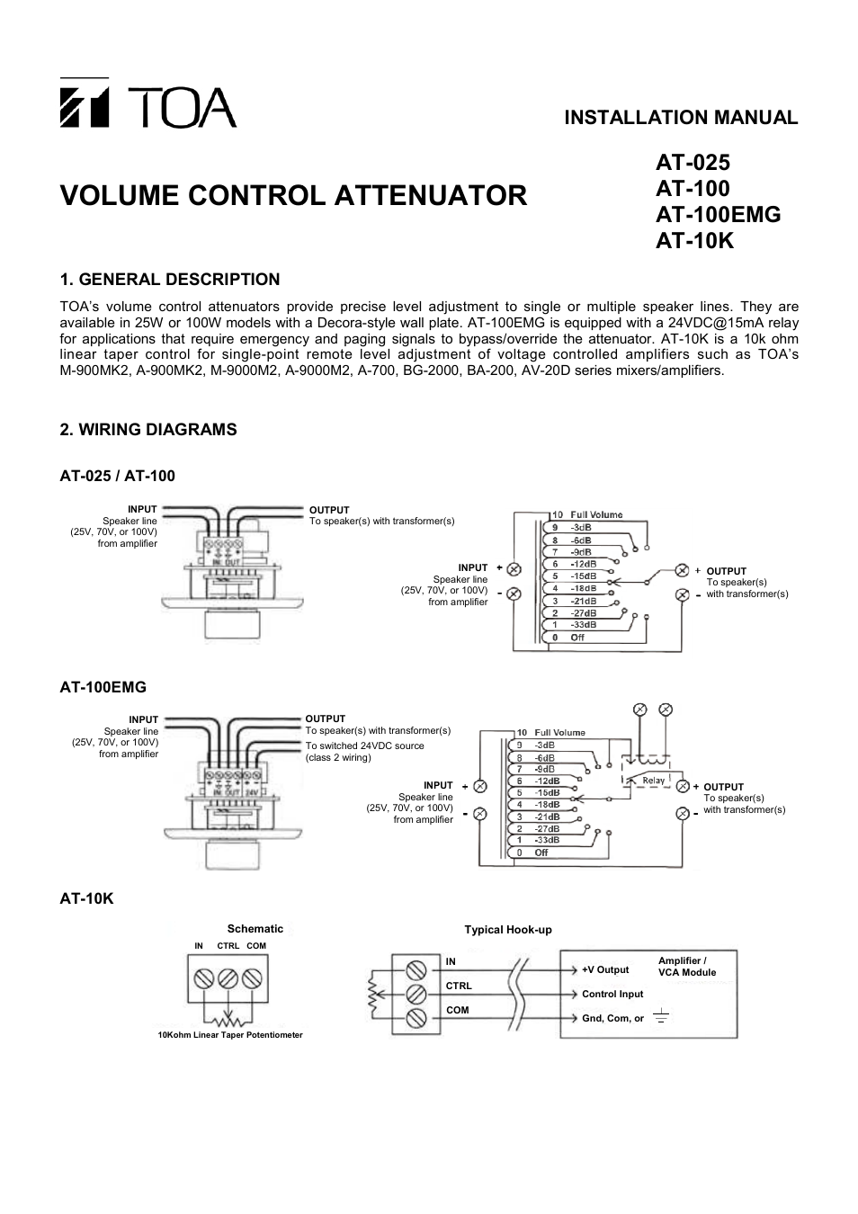 TOA Electronics AT-025 Volume Control 25W Attenuator User Manual | 2 pages