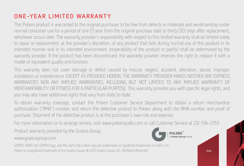 One-year limited warrant y | Polsen GPMK-22 Production Microphone Kit User Manual | Page 12 / 12