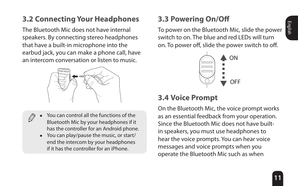 2 connecting your headphones, 3 powering on/off, 4 voice prompt | SENA Bluetooth Mic Supplies Kit User Manual | Page 11 / 68